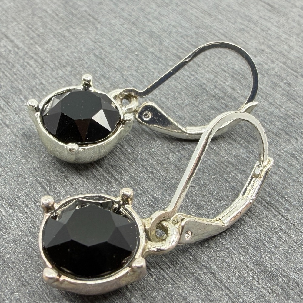 Elegant Black Gemstone Leverback Earrings Silver Tone Minimalist Gothic Jewelry